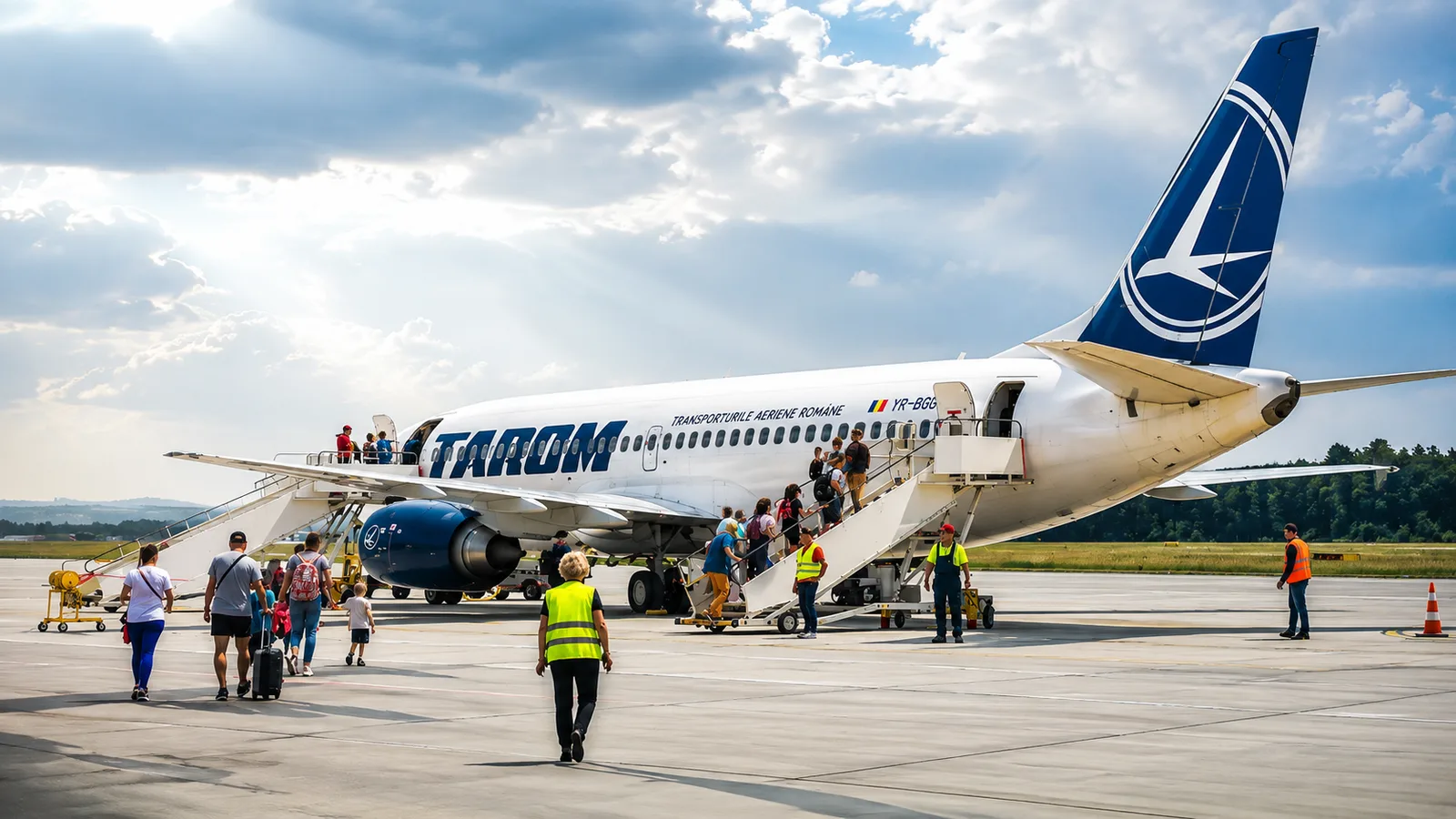 Pasageri la îmbarcare pe un aeroport membru